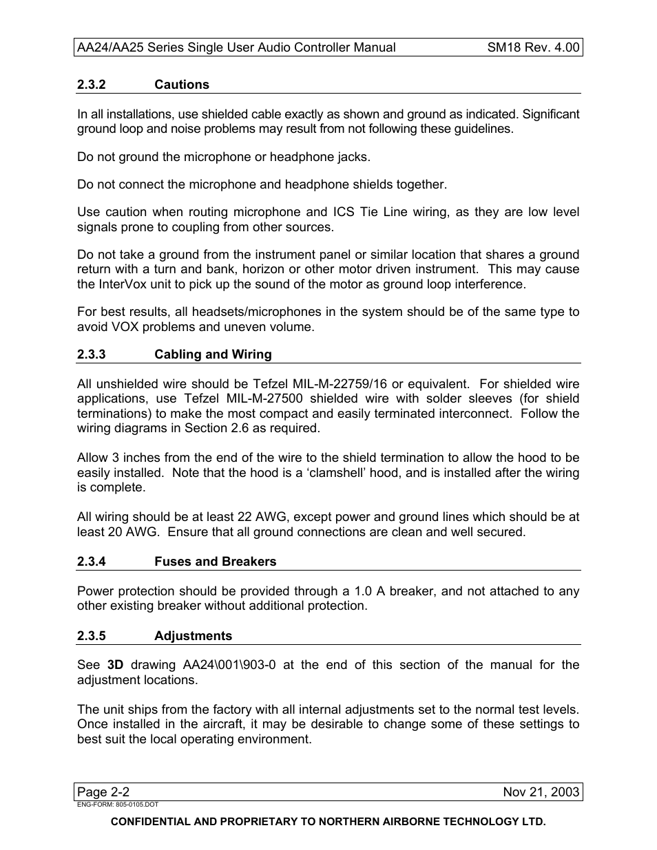 2 cautions, 3 cabling and wiring, 4 fuses and breakers | 5 adjustments | Northern Airborne Technology AA24 User Manual | Page 14 / 45