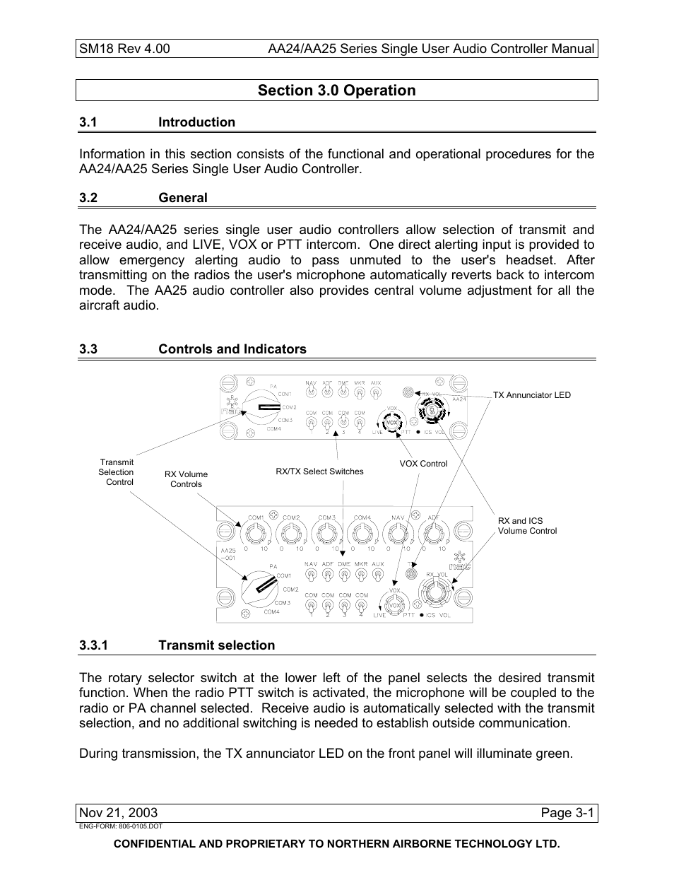 Operation, 1 introduction, 2 general | 3 controls and indicators, 1 transmit selection | Northern Airborne Technology AA24 User Manual | Page 43 / 45