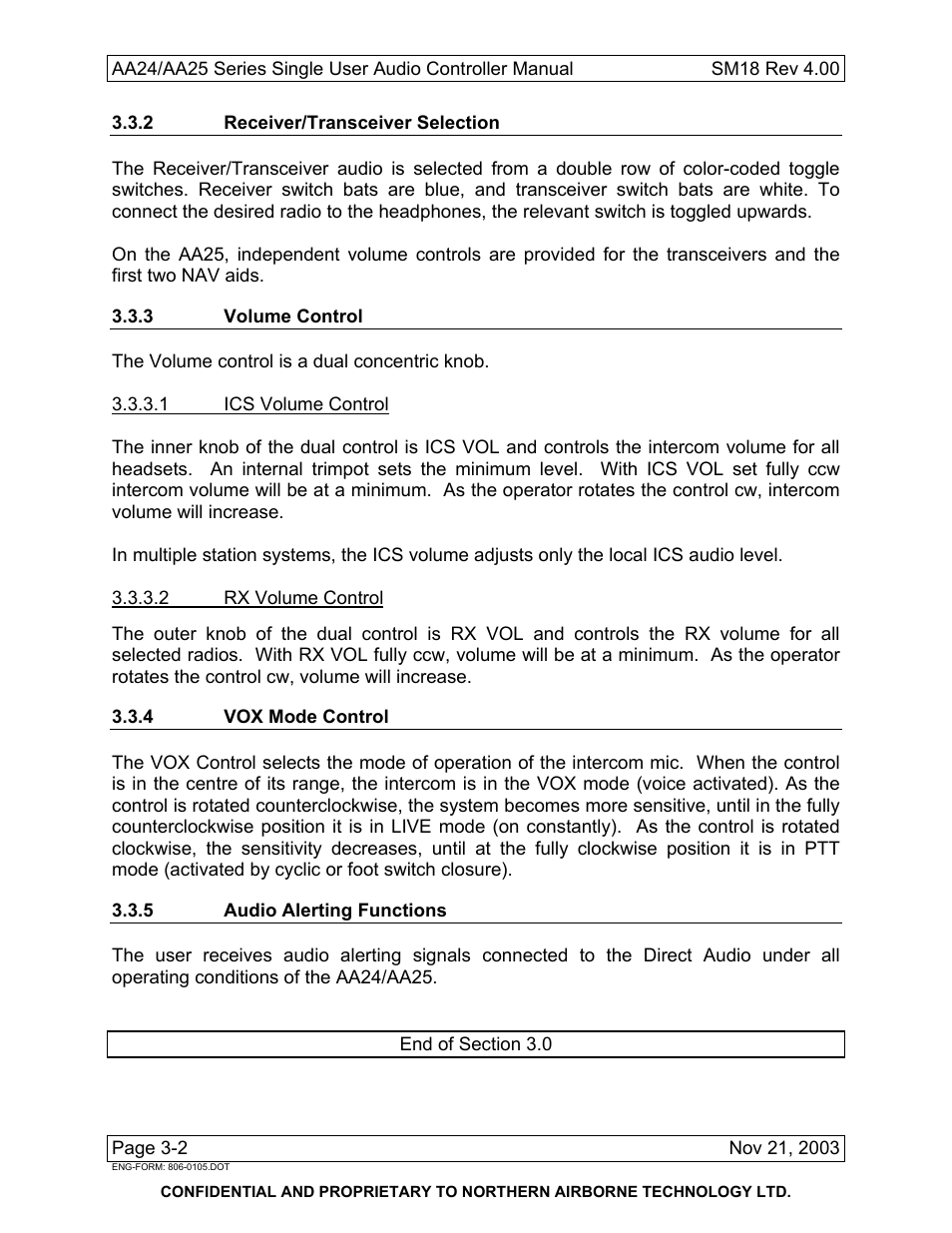 2 receiver/transceiver selection, 3 volume control, 4 vox mode control | 5 audio alerting functions | Northern Airborne Technology AA24 User Manual | Page 44 / 45