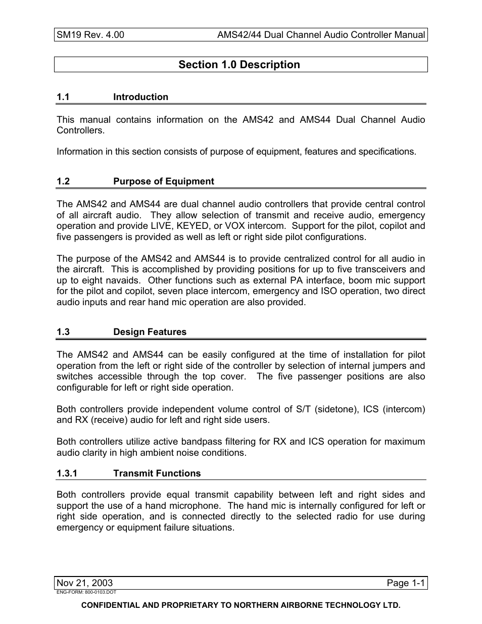 Description, 1 introduction, 2 purpose of equipment | 3 design features, 1 transmit functions | Northern Airborne Technology AMS42 User Manual | Page 15 / 68