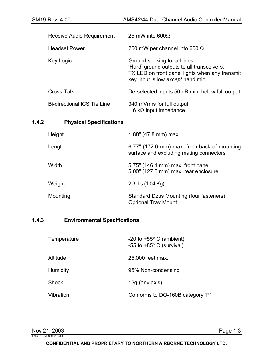2 physical specifications, 3 environmental specifications | Northern Airborne Technology AMS42 User Manual | Page 17 / 68