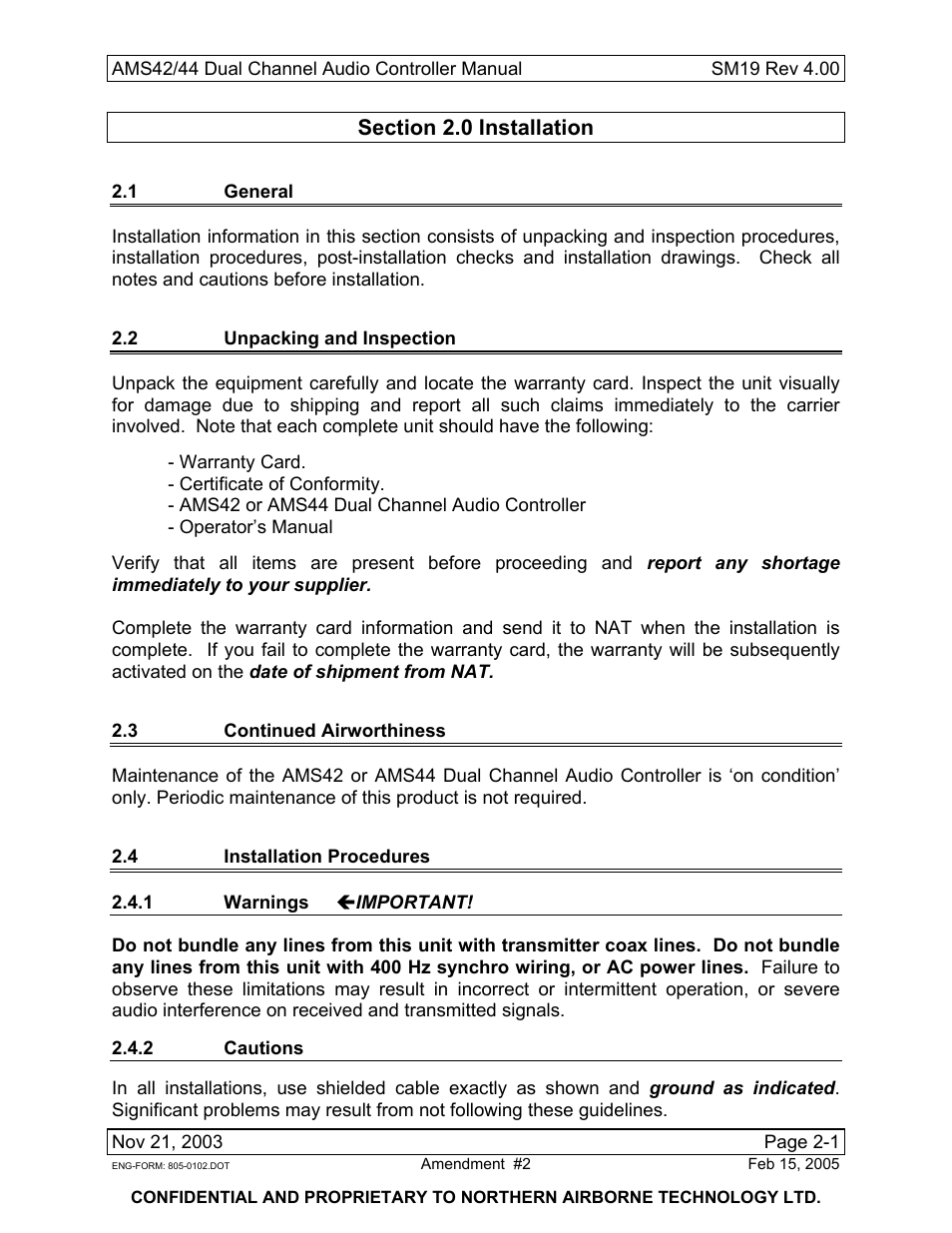 Installation, 1 general, 2 unpacking and inspection | 3 continued airworthiness, 4 installation procedures, 1 warnings important, 2 cautions | Northern Airborne Technology AMS42 User Manual | Page 19 / 68