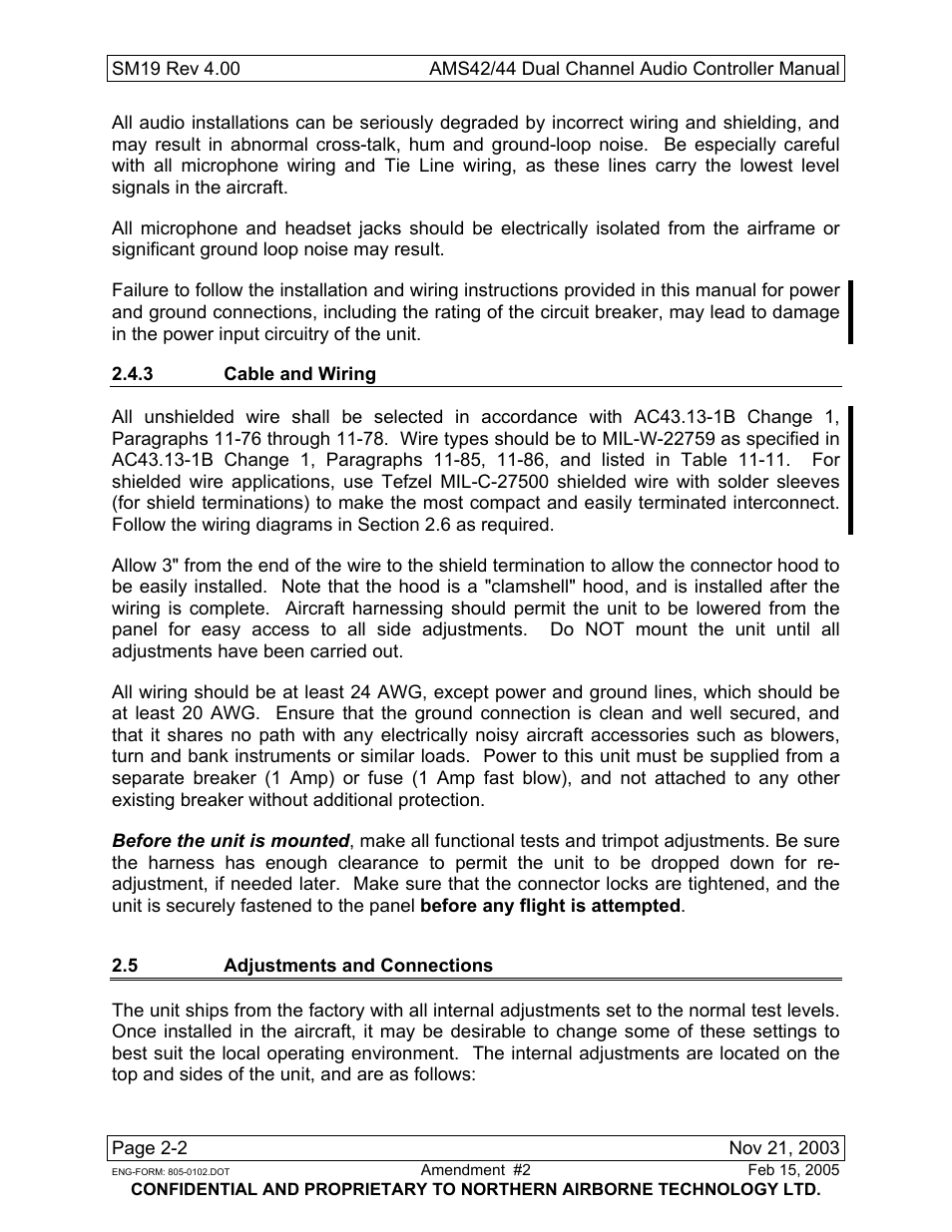 3 cable and wiring, 5 adjustments and connections | Northern Airborne Technology AMS42 User Manual | Page 20 / 68