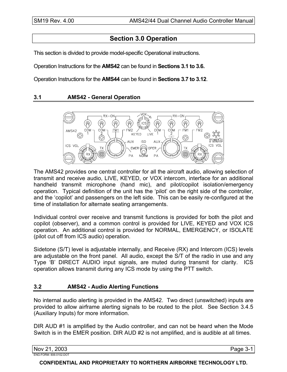 Operation, 1 ams42 - general operation, 2 ams42 - audio alerting functions | Northern Airborne Technology AMS42 User Manual | Page 55 / 68