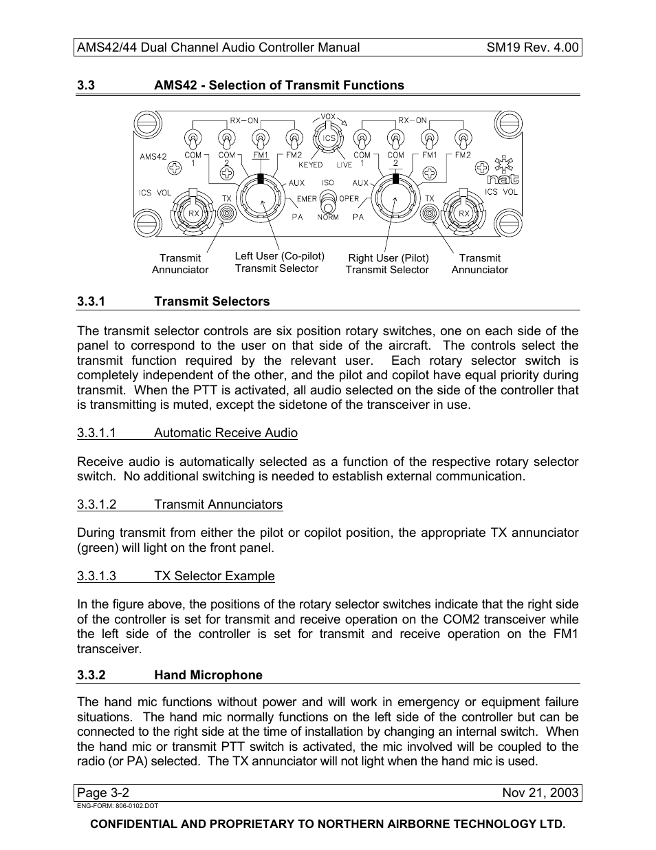 3 ams42 - selection of transmit functions, 1 transmit selectors, 2 hand microphone | Northern Airborne Technology AMS42 User Manual | Page 56 / 68