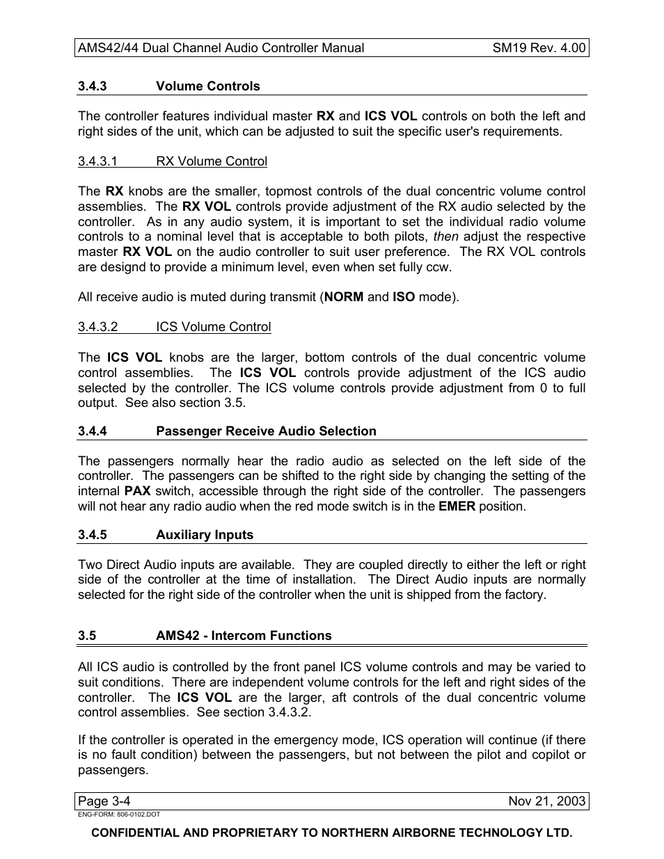 3 volume controls, 4 passenger receive audio selection, 5 auxiliary inputs | 5 ams42 - intercom functions | Northern Airborne Technology AMS42 User Manual | Page 58 / 68