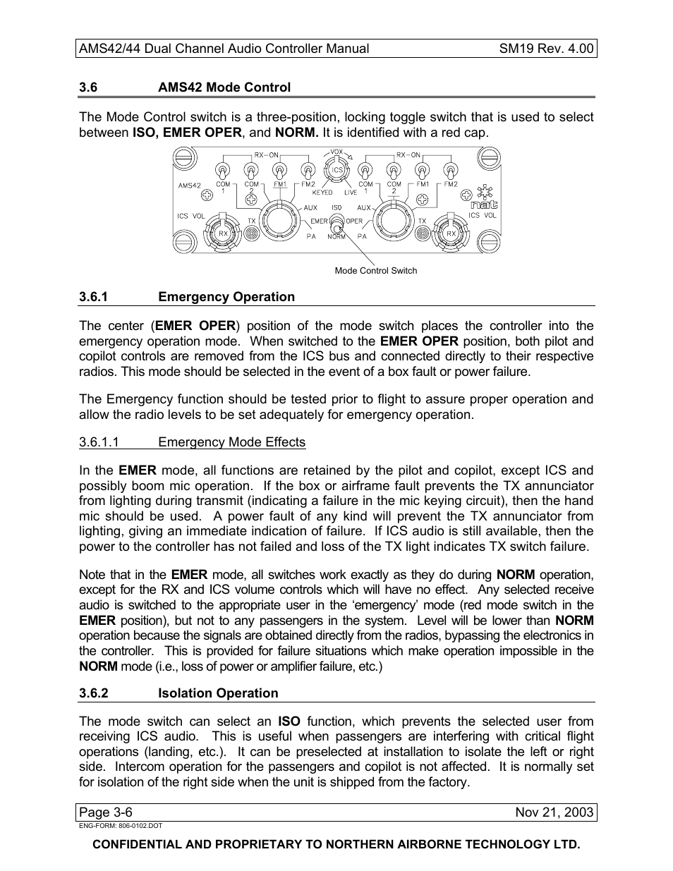 6 ams42 mode control, 1 emergency operation, 2 isolation operation | Northern Airborne Technology AMS42 User Manual | Page 60 / 68