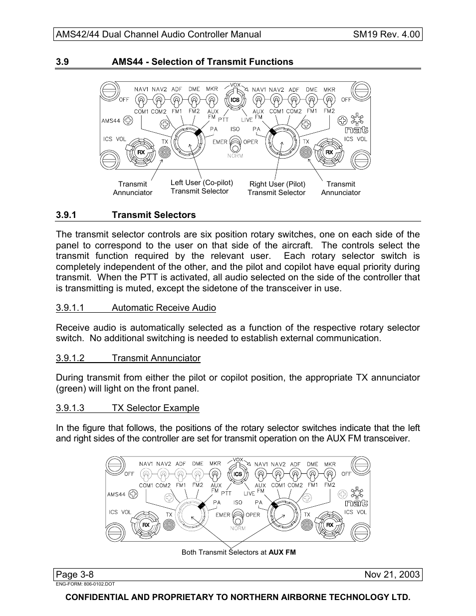9 ams44 - selection of transmit functions, 1 transmit selectors | Northern Airborne Technology AMS42 User Manual | Page 62 / 68