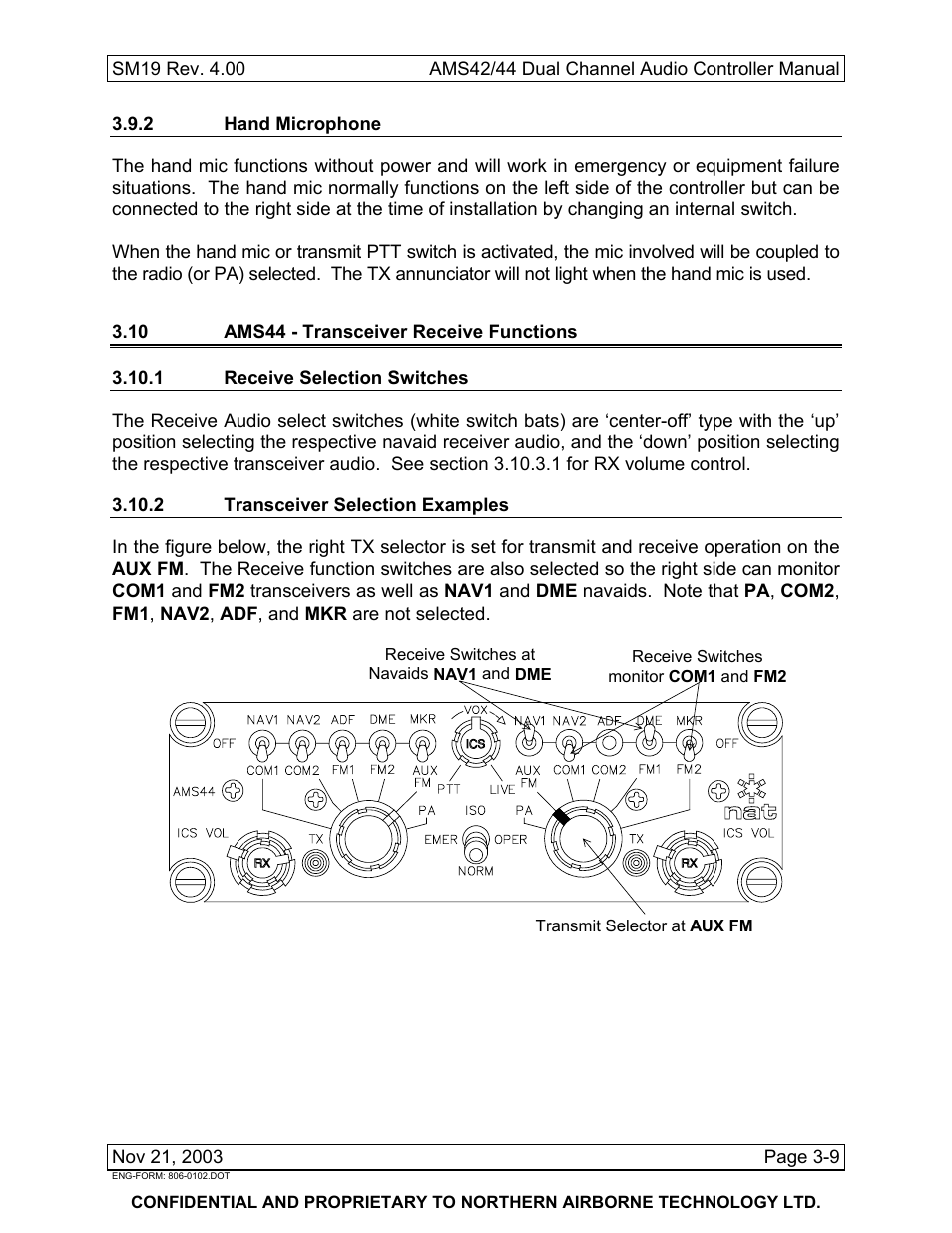 2 hand microphone, 10 ams44 - transceiver receive functions, 1 receive selection switches | 2 transceiver selection examples | Northern Airborne Technology AMS42 User Manual | Page 63 / 68