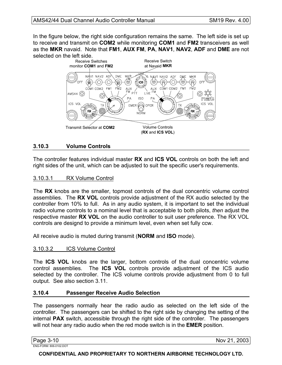 3 volume controls, 4 passenger receive audio selection | Northern Airborne Technology AMS42 User Manual | Page 64 / 68