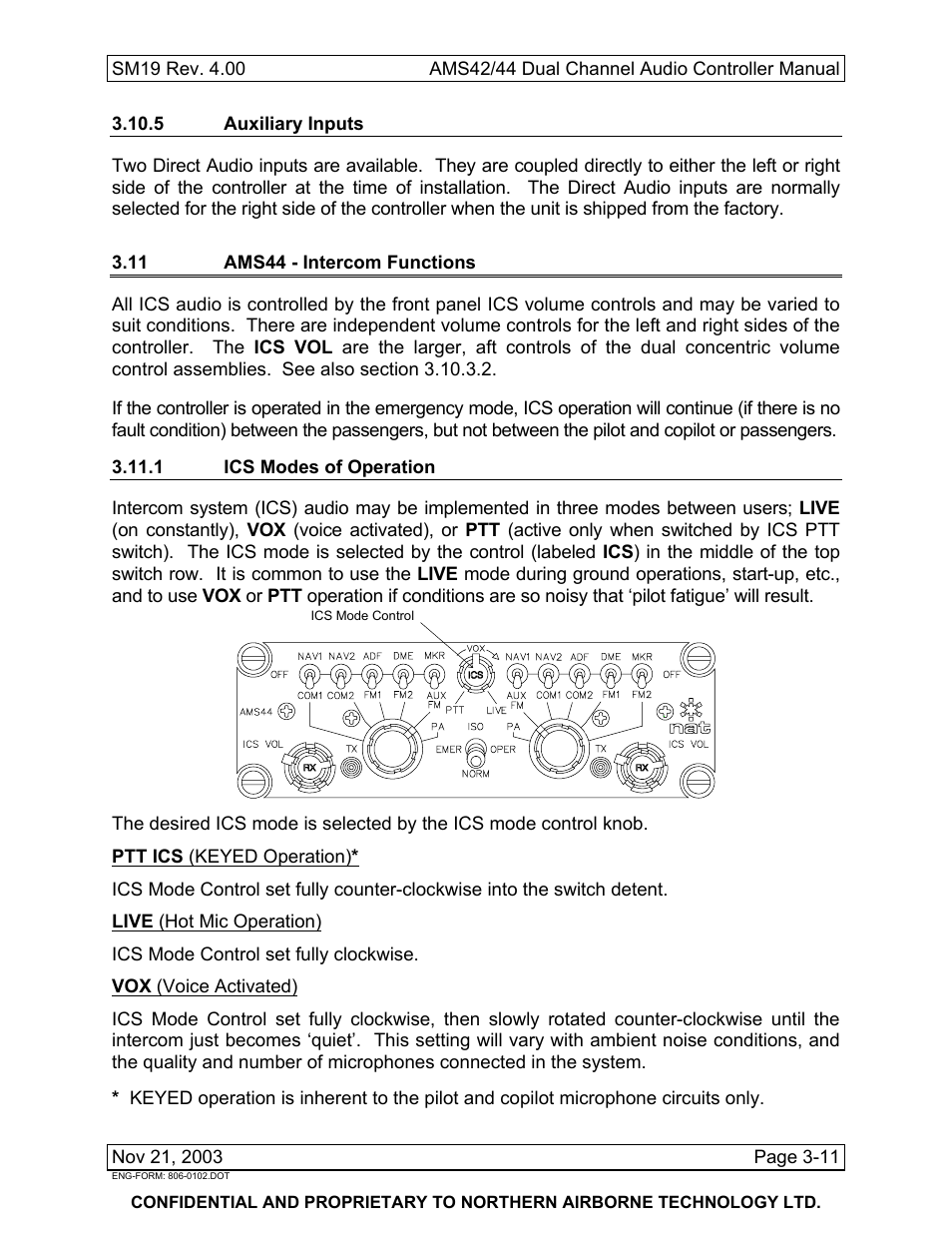 5 auxiliary inputs, 11 ams44 - intercom functions, 1 ics modes of operation | Northern Airborne Technology AMS42 User Manual | Page 65 / 68