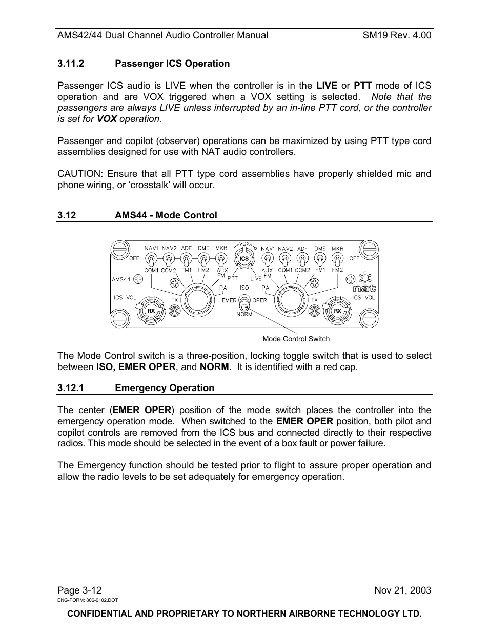2 passenger ics operation, 12 ams44 - mode control, 1 emergency operation | Northern Airborne Technology AMS42 User Manual | Page 66 / 68