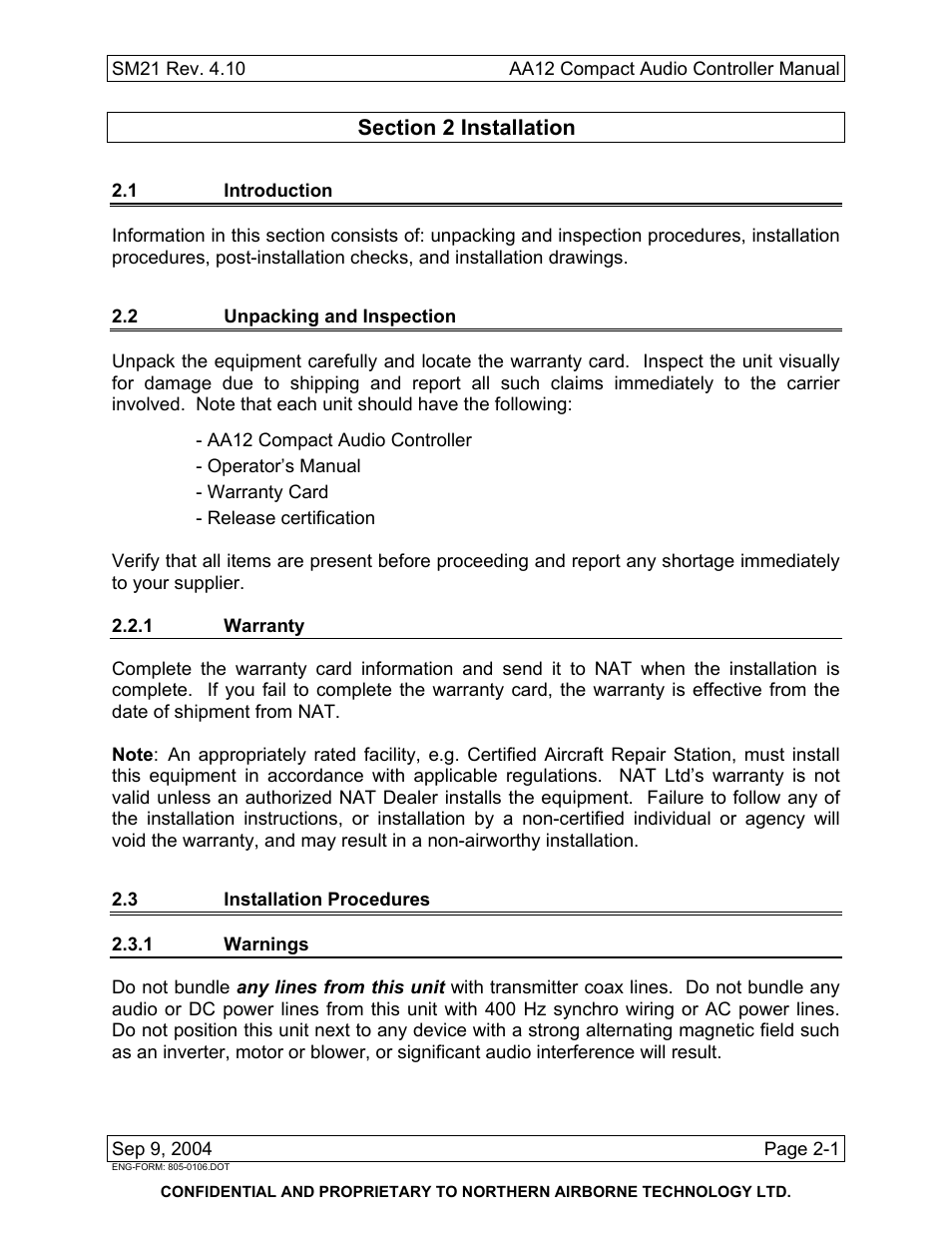Installation, 1 introduction, 2 unpacking and inspection | 1 warranty, 3 installation procedures, 1 warnings | Northern Airborne Technology AA12 User Manual | Page 11 / 41