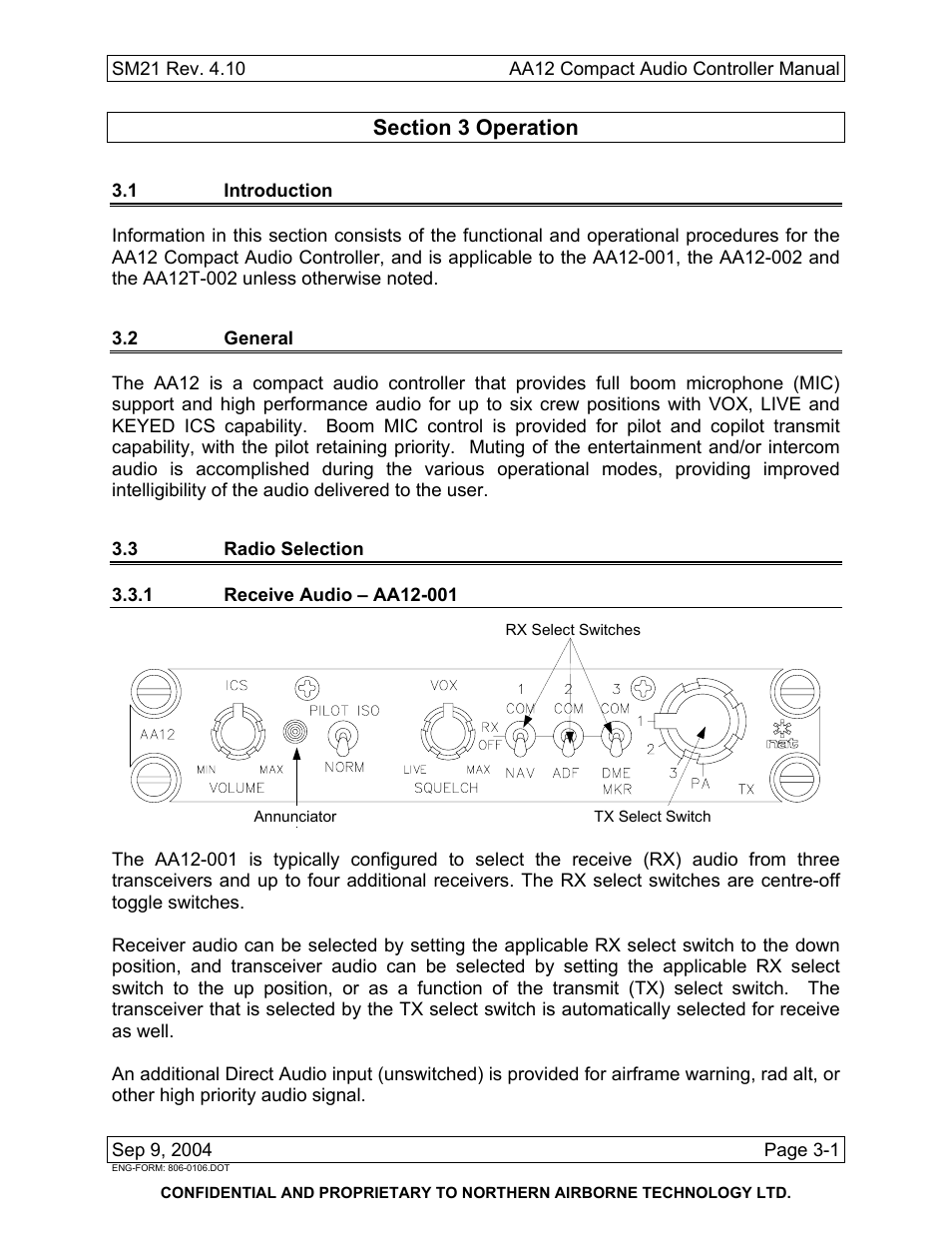 Operation, 1 introduction, 2 general | 3 radio selection, 1 receive audio – aa12-001 | Northern Airborne Technology AA12 User Manual | Page 37 / 41
