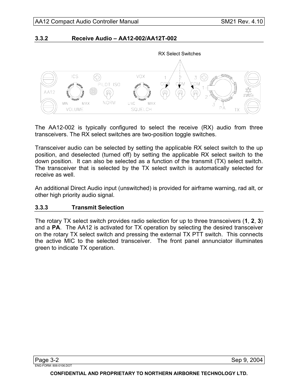 2 receive audio – aa12-002/aa12t-002, 3 transmit selection | Northern Airborne Technology AA12 User Manual | Page 38 / 41