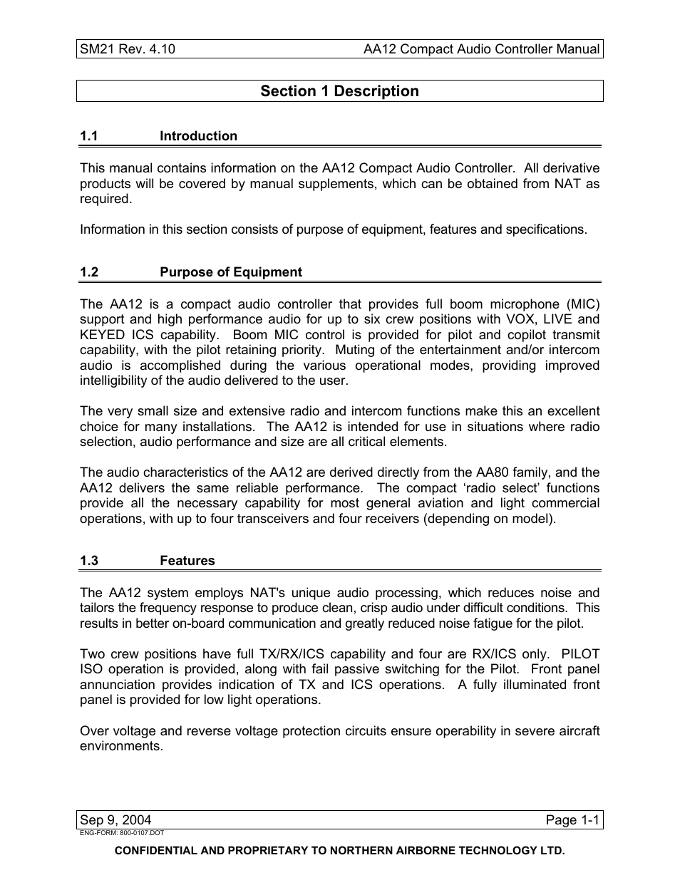 Description, 1 introduction, 2 purpose of equipment | 3 features | Northern Airborne Technology AA12 User Manual | Page 7 / 41