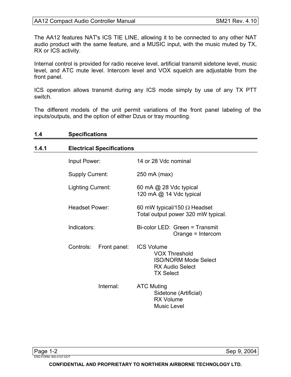 4 specifications, 1 electrical specifications | Northern Airborne Technology AA12 User Manual | Page 8 / 41