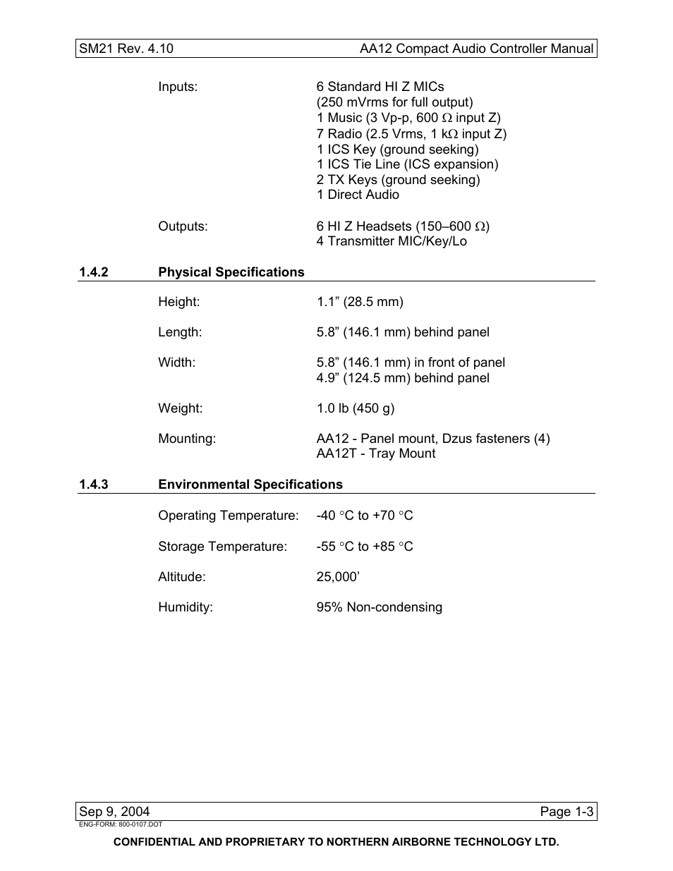 2 physical specifications, 3 environmental specifications | Northern Airborne Technology AA12 User Manual | Page 9 / 41