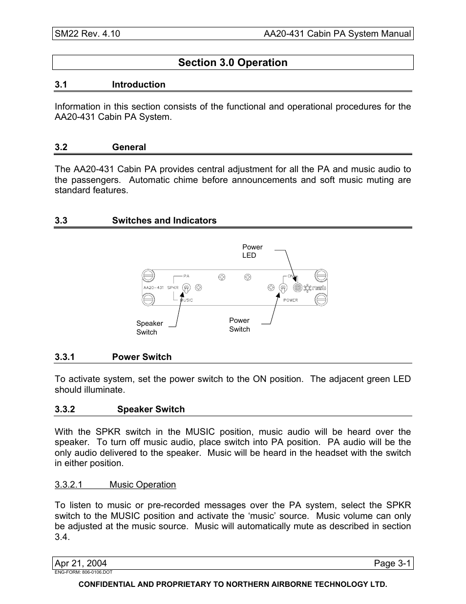 Operation, 1 introduction, 2 general | 3 switches and indicators, 1 power switch, 2 speaker switch | Northern Airborne Technology AA20-431 User Manual | Page 27 / 28