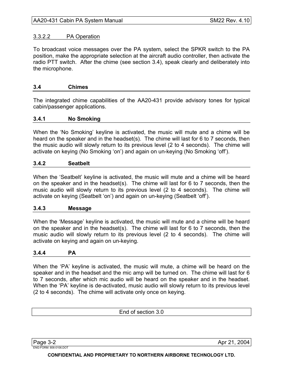 4 chimes, 1 no smoking, 2 seatbelt | 3 message, 4 pa | Northern Airborne Technology AA20-431 User Manual | Page 28 / 28