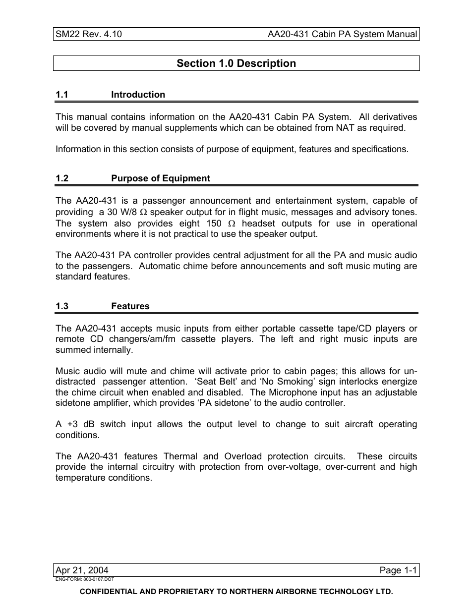 Description, 1 introduction, 2 purpose of equipment | 3 features | Northern Airborne Technology AA20-431 User Manual | Page 6 / 28