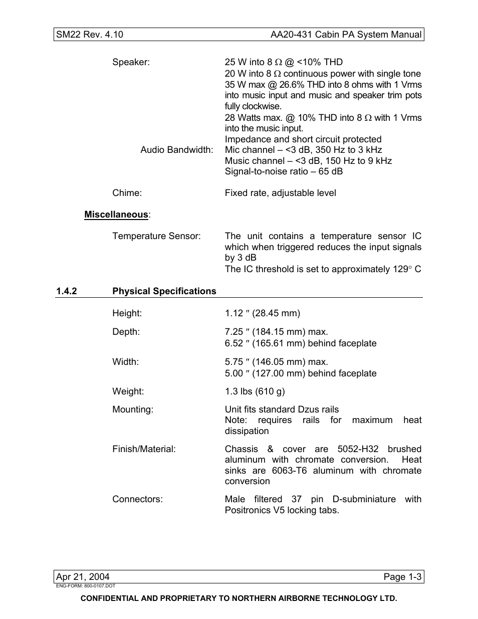 2 physical specifications | Northern Airborne Technology AA20-431 User Manual | Page 8 / 28