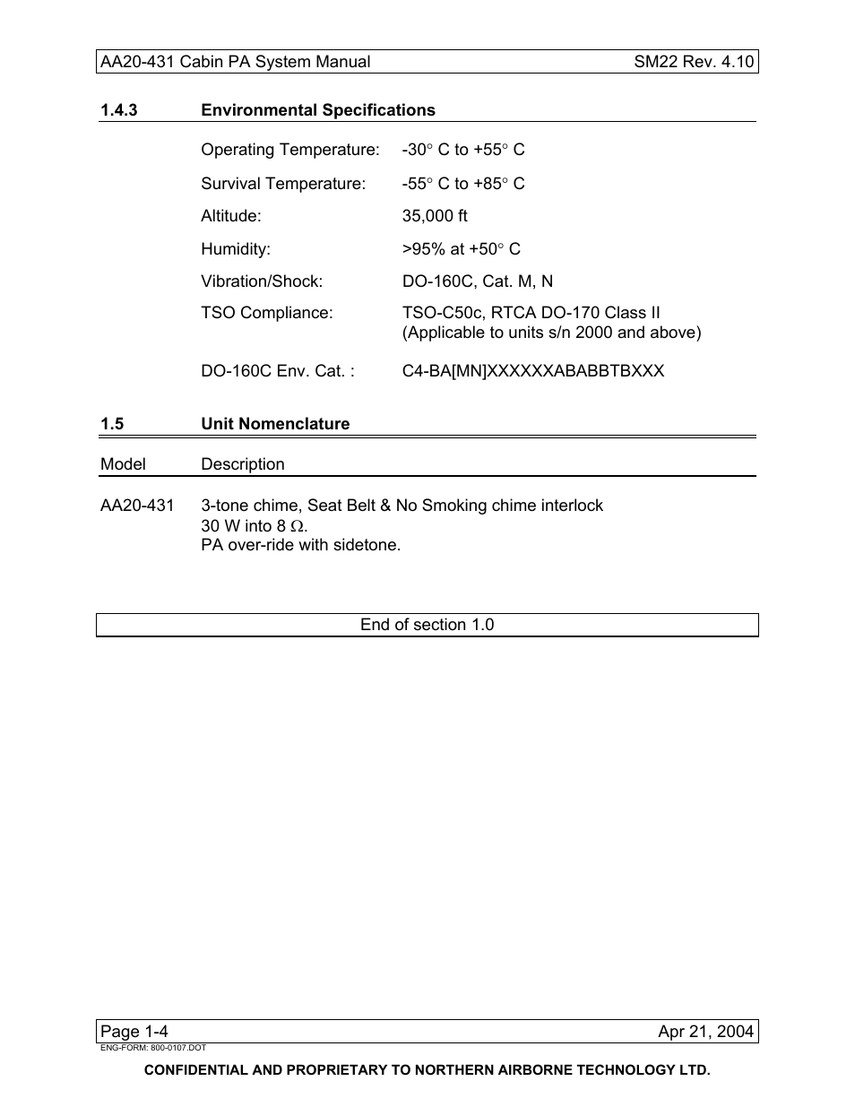 3 environmental specifications, 5 unit nomenclature | Northern Airborne Technology AA20-431 User Manual | Page 9 / 28