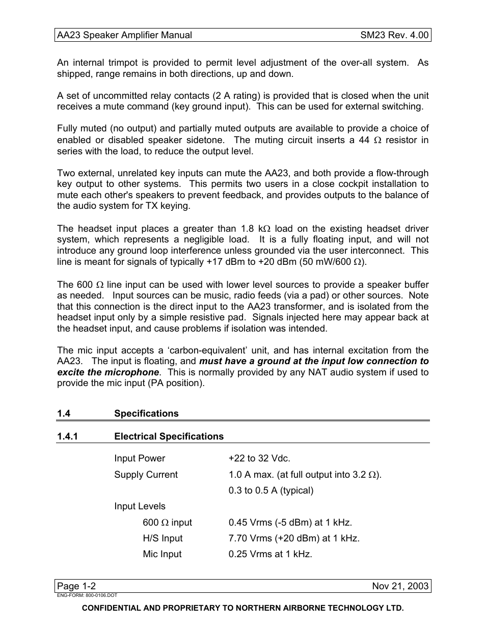 4 specifications, 1 electrical specifications | Northern Airborne Technology AA23 User Manual | Page 10 / 38