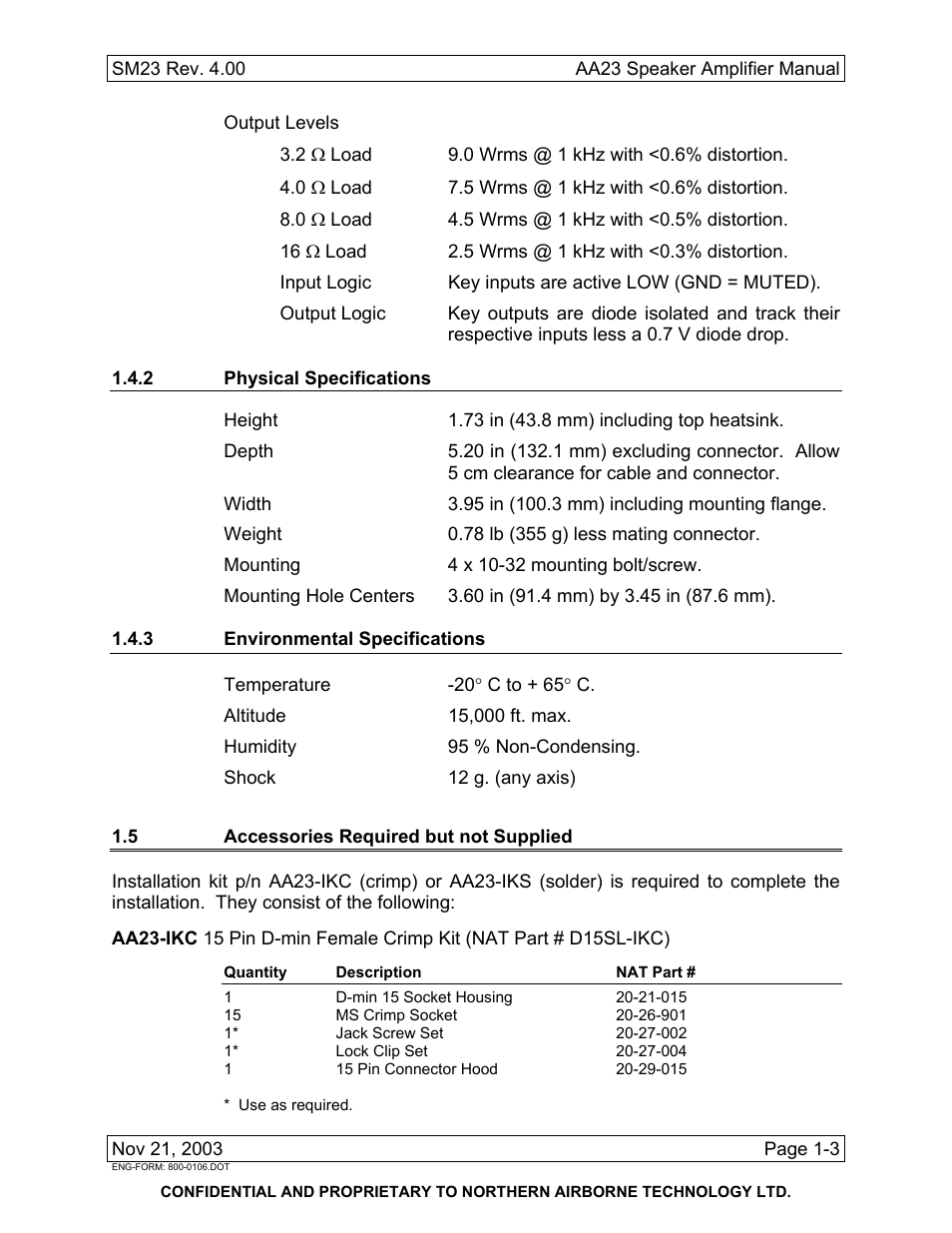 2 physical specifications, 3 environmental specifications, 5 accessories required but not supplied | Northern Airborne Technology AA23 User Manual | Page 11 / 38