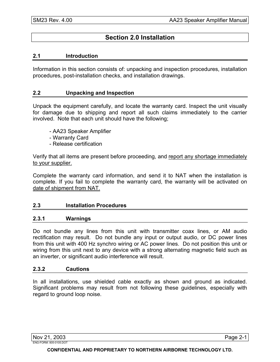Installation, 1 introduction, 2 unpacking and inspection | 3 installation procedures, 1 warnings, 2 cautions | Northern Airborne Technology AA23 User Manual | Page 13 / 38