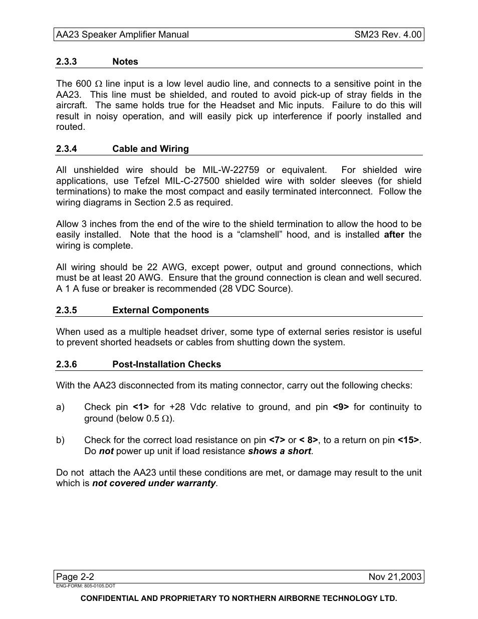 3 notes, 4 cable and wiring, 5 external components | 6 post-installation checks | Northern Airborne Technology AA23 User Manual | Page 14 / 38