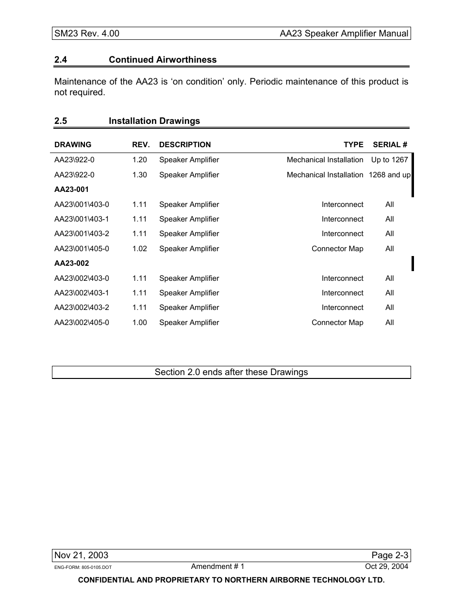 4 continued airworthiness, 5 installation drawings, Aa23 | Aa23-001, Aa23-002 | Northern Airborne Technology AA23 User Manual | Page 15 / 38