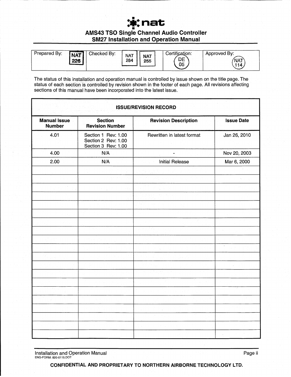 Issue/revision record | Northern Airborne Technology AMS43 TSO User Manual | Page 2 / 28