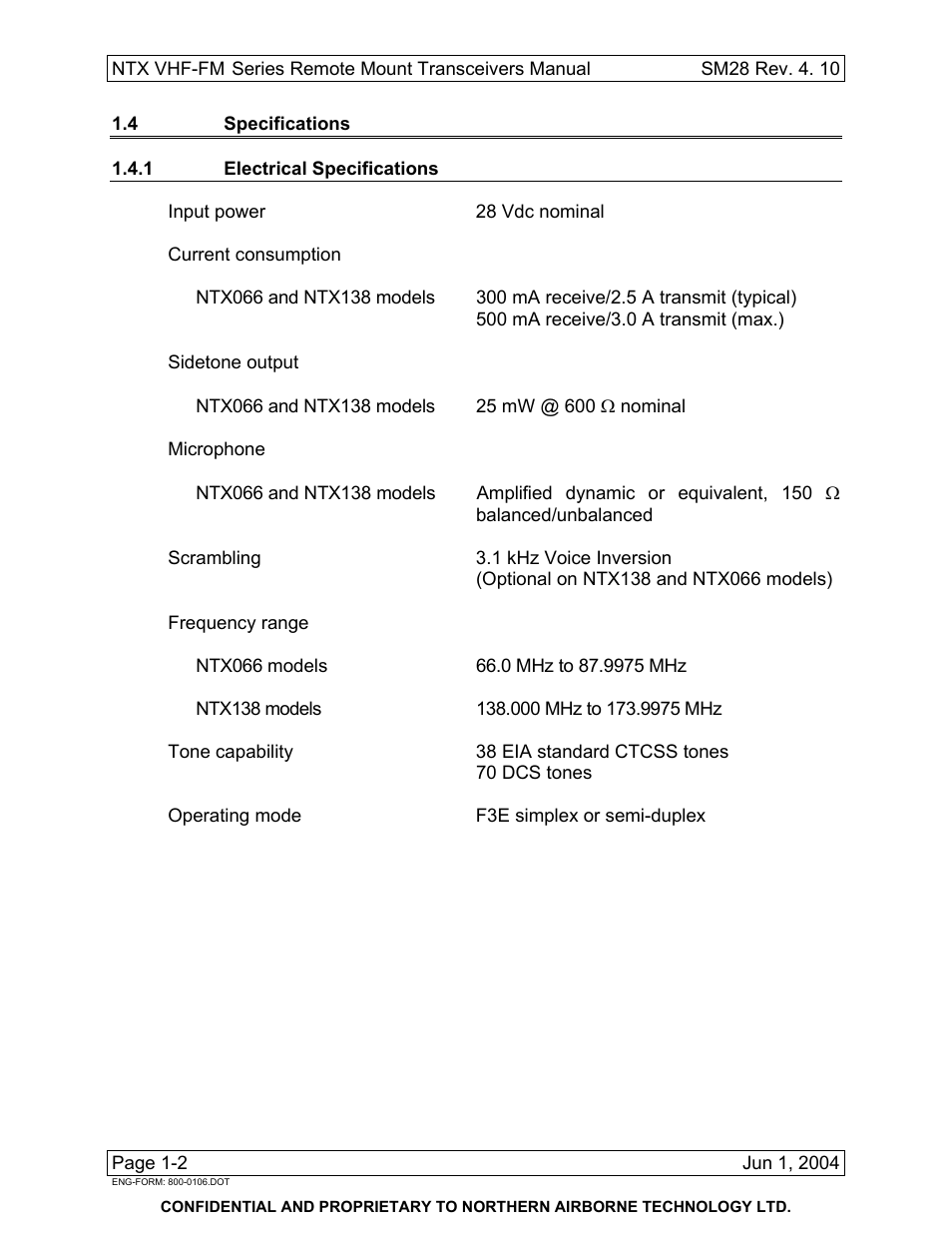 4 specifications, 1 electrical specifications | Northern Airborne Technology NTX User Manual | Page 16 / 50