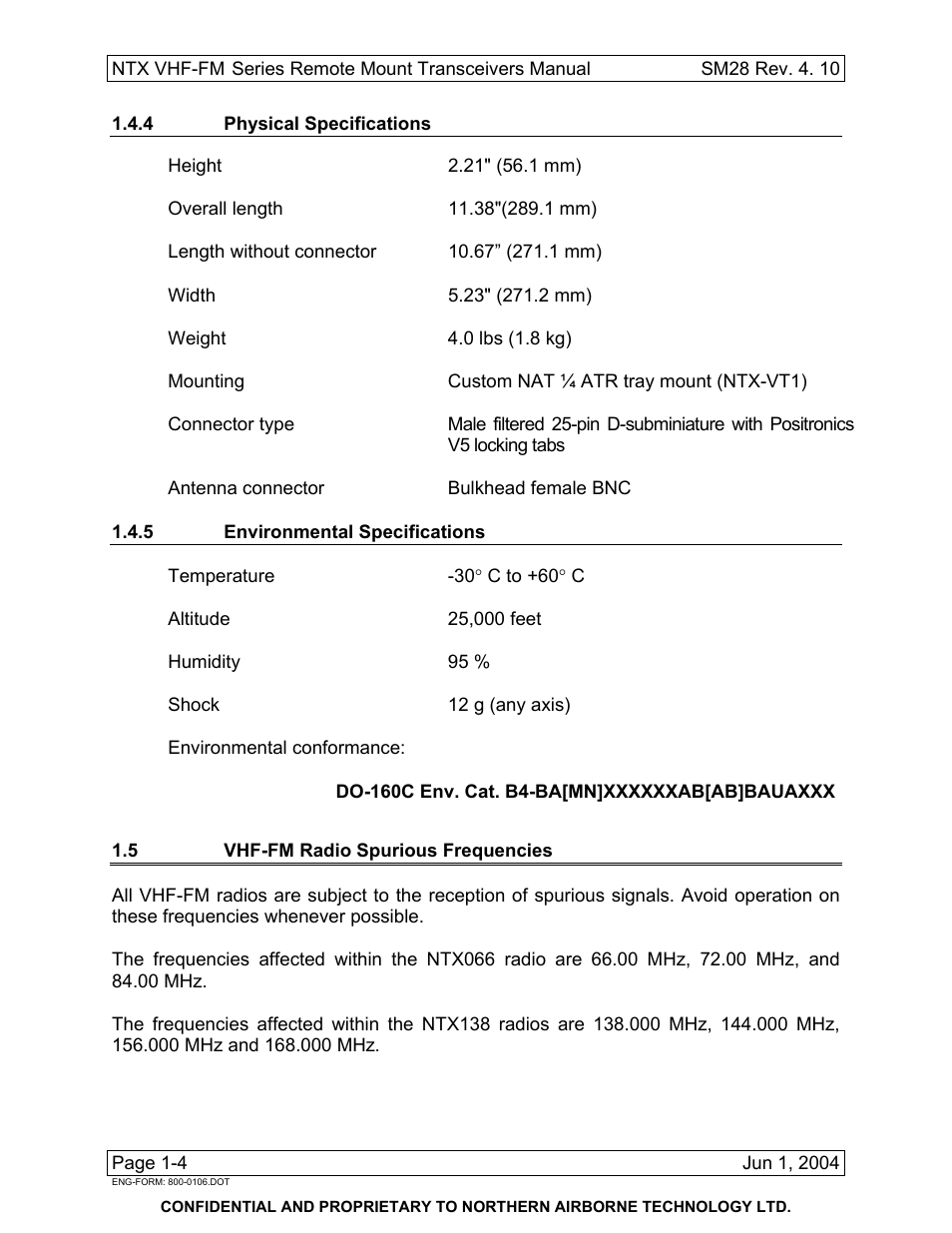 4 physical specifications, 5 environmental specifications, 5 vhf-fm radio spurious frequencies | Northern Airborne Technology NTX User Manual | Page 18 / 50