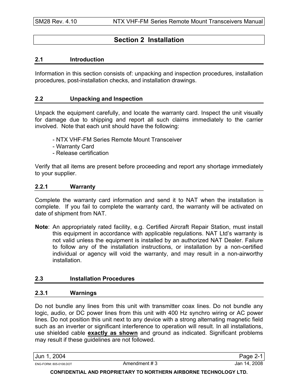 Installation, 1 introduction, 2 unpacking and inspection | 1 warranty, 3 installation procedures, 1 warnings | Northern Airborne Technology NTX User Manual | Page 21 / 50