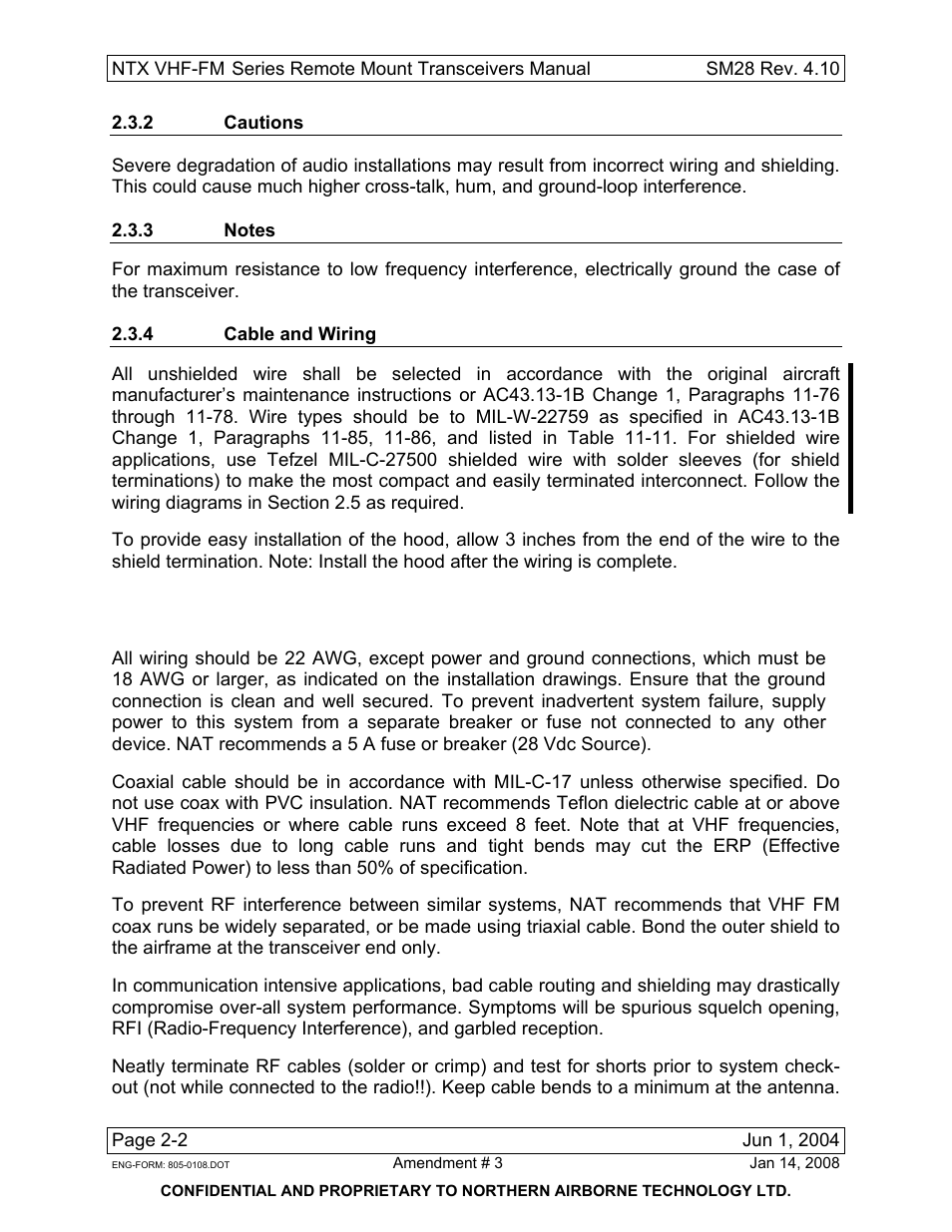 2 cautions, 3 notes, 4 cable and wiring | Northern Airborne Technology NTX User Manual | Page 22 / 50