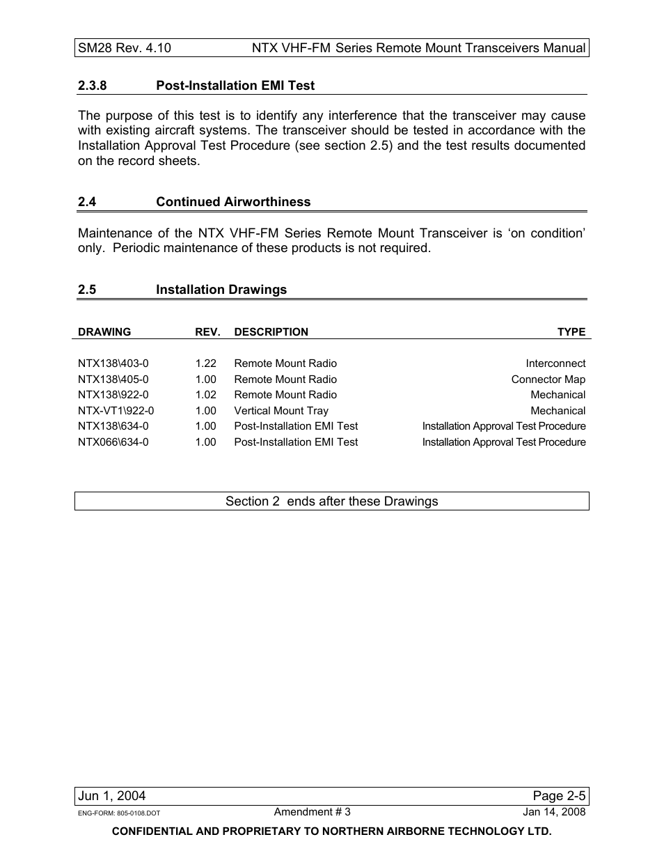 8 post-installation emi test, 4 continued airworthiness, 5 installation drawings | Ntx138, Ntx-vt1, Ntx066 | Northern Airborne Technology NTX User Manual | Page 25 / 50