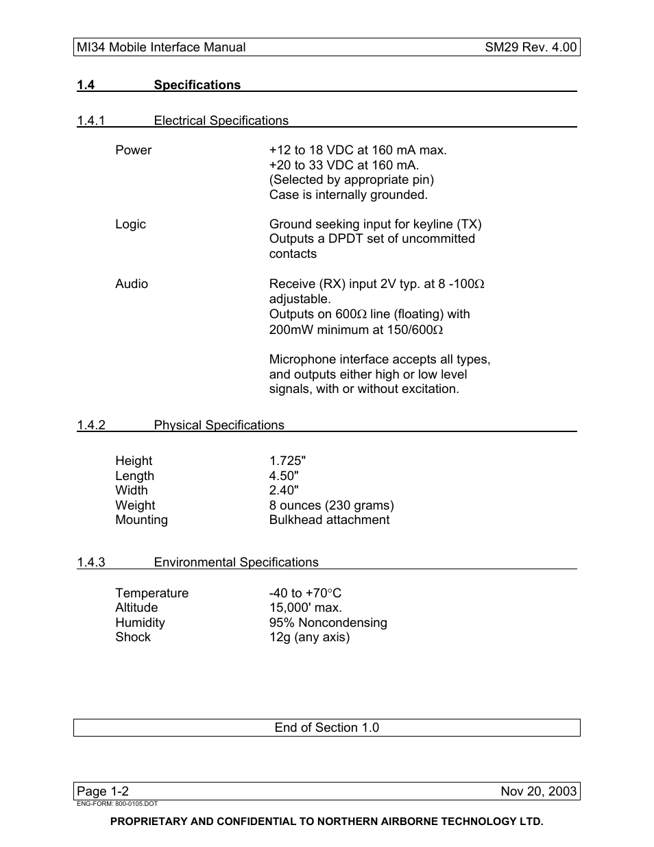 4 specifications, 1 electrical specifications, 2 physical specifications | 3 environmental specifications | Northern Airborne Technology MI34 User Manual | Page 10 / 26