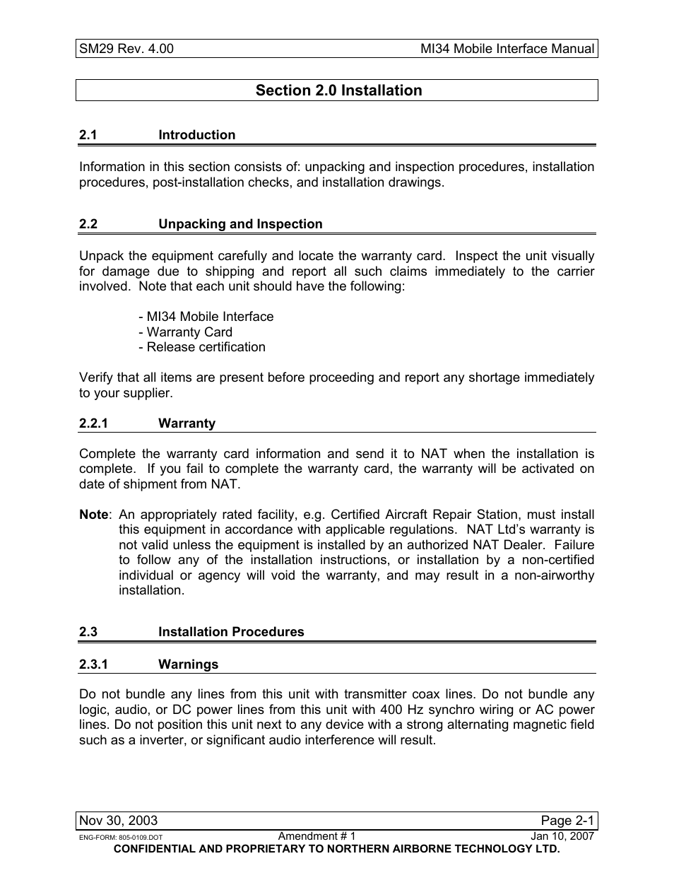 Installation, 1 introduction, 2 unpacking and inspection | 1 warranty, 3 installation procedures, 1 warnings | Northern Airborne Technology MI34 User Manual | Page 11 / 26