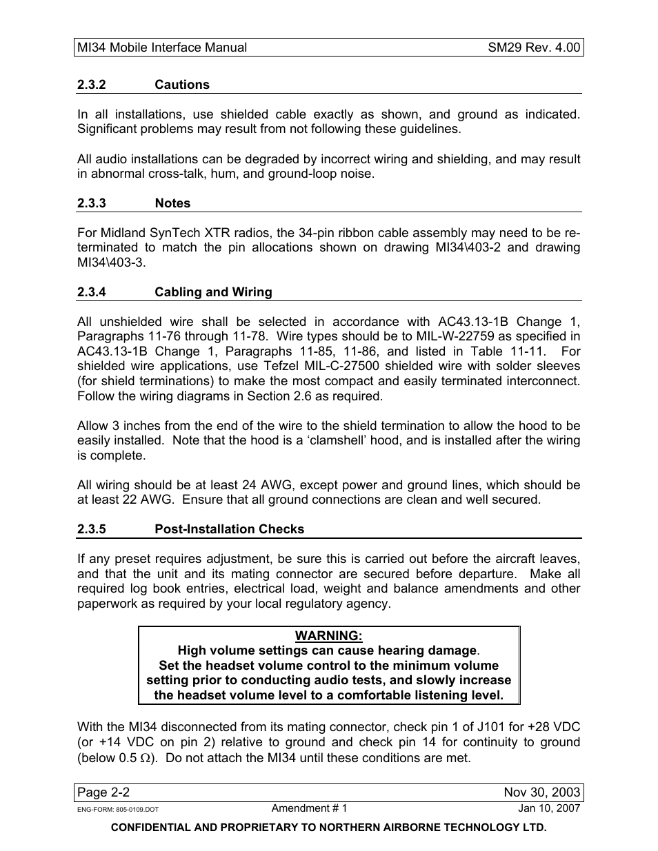 2 cautions, 3 notes, 4 cabling and wiring | 5 post-installation checks | Northern Airborne Technology MI34 User Manual | Page 12 / 26
