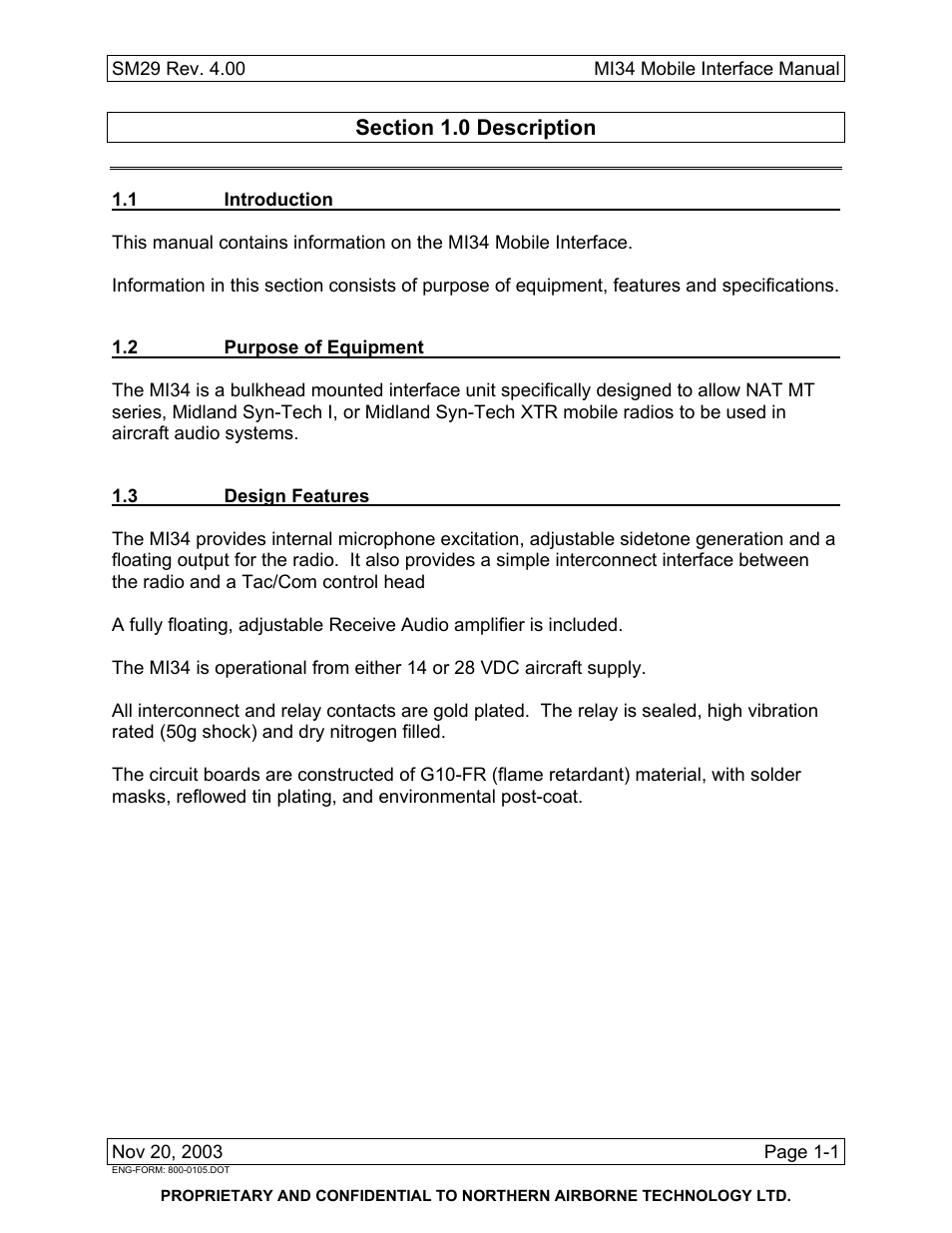 Description, 1 introduction, 2 purpose of equipment | 3 design features | Northern Airborne Technology MI34 User Manual | Page 9 / 26