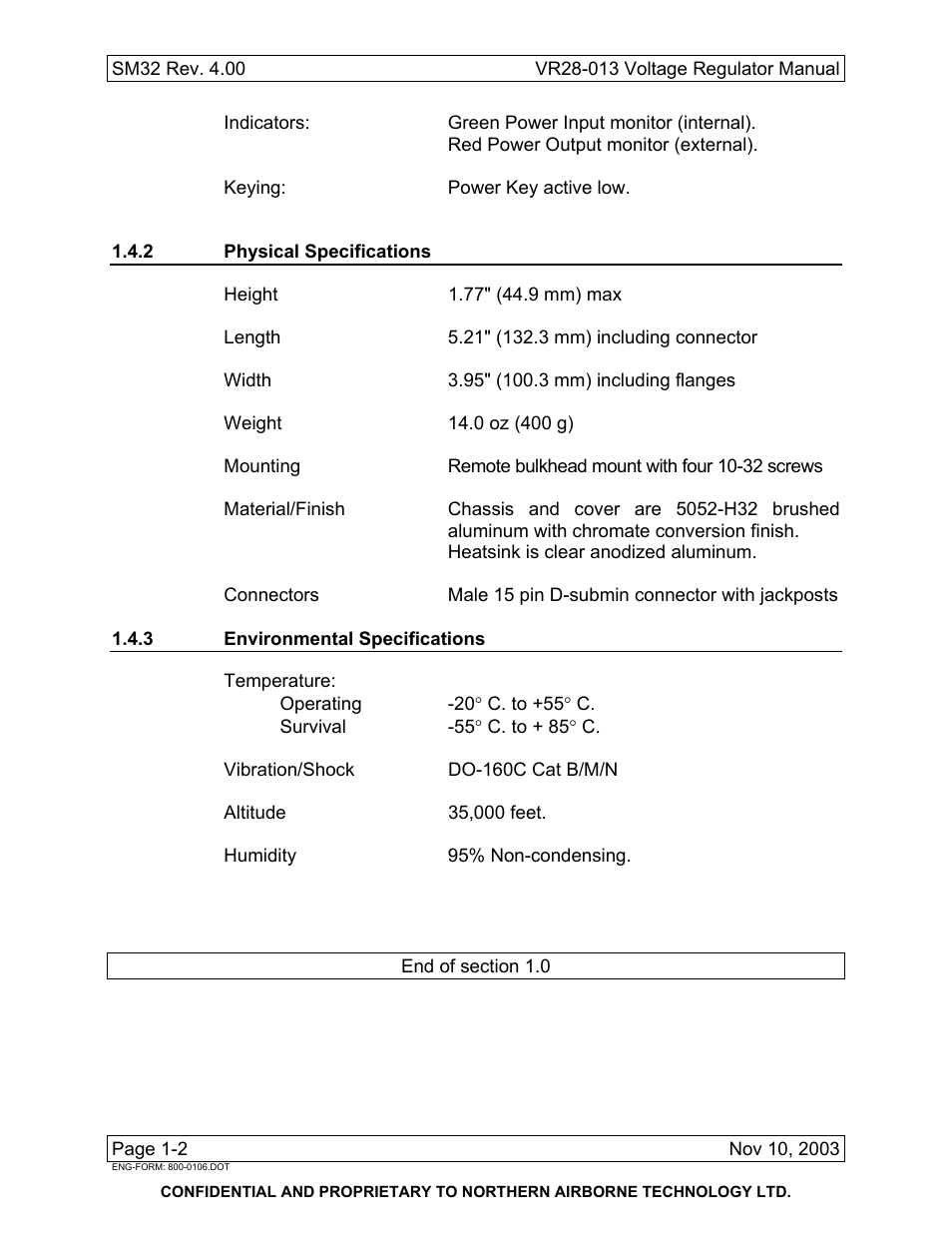 2 physical specifications, 3 environmental specifications | Northern Airborne Technology VR28 User Manual | Page 10 / 26
