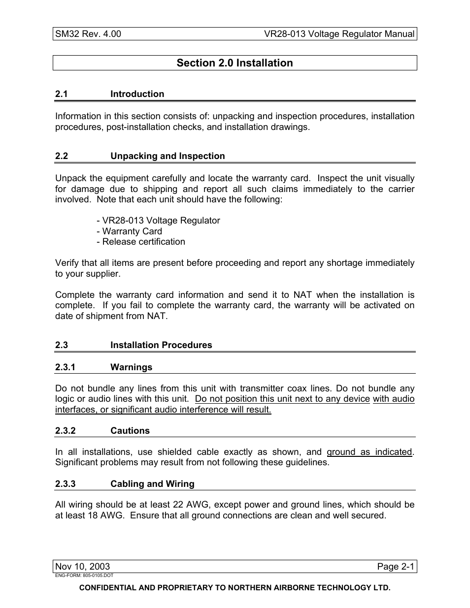 Installation, 1 introduction, 2 unpacking and inspection | 3 installation procedures, 1 warnings, 2 cautions, 3 cabling and wiring | Northern Airborne Technology VR28 User Manual | Page 11 / 26