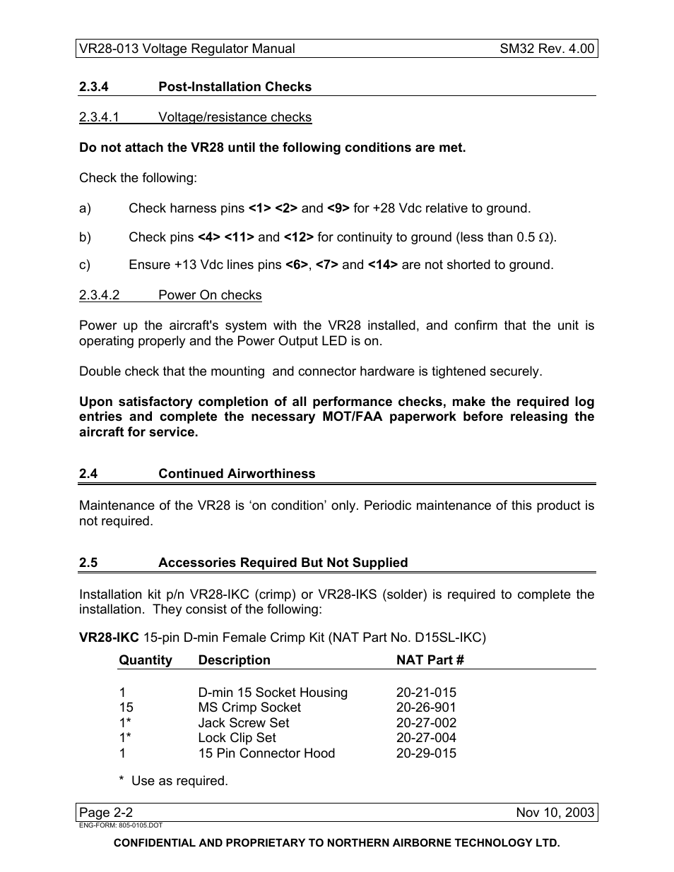 4 post-installation checks, 4 continued airworthiness, 5 accessories required but not supplied | Northern Airborne Technology VR28 User Manual | Page 12 / 26