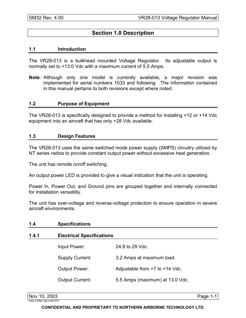 Description, 1 introduction, 2 purpose of equipment | 3 design features, 4 specifications, 1 electrical specifications | Northern Airborne Technology VR28 User Manual | Page 9 / 26