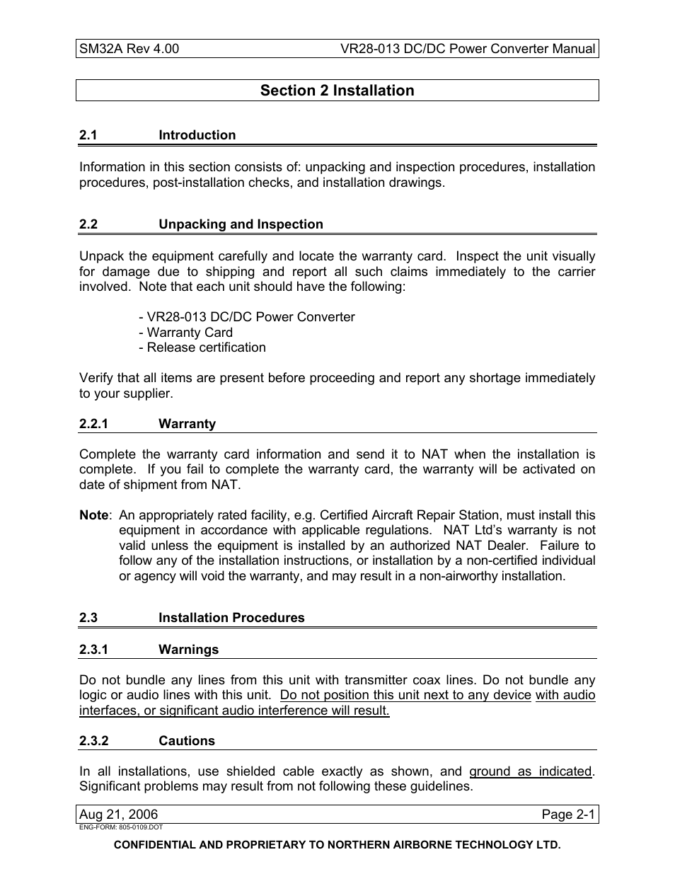 Installation, 1 introduction, 2 unpacking and inspection | 1 warranty, 1 warnings, 2 cautions | Northern Airborne Technology VR28-013 User Manual | Page 11 / 24
