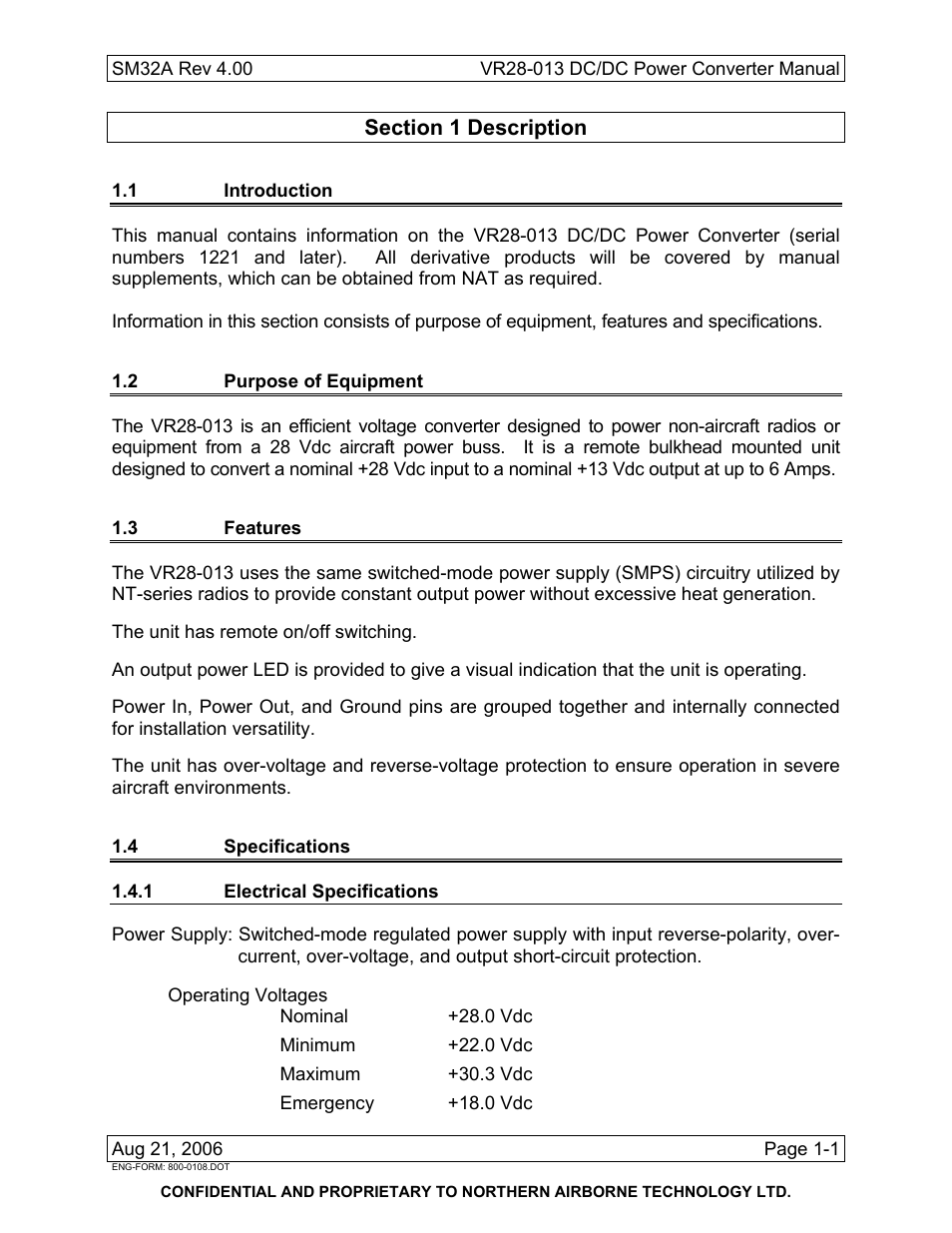 Description, 1 introduction, 2 purpose of equipment | 3 features, 4 specifications, 1 electrical specifications | Northern Airborne Technology VR28-013 User Manual | Page 7 / 24