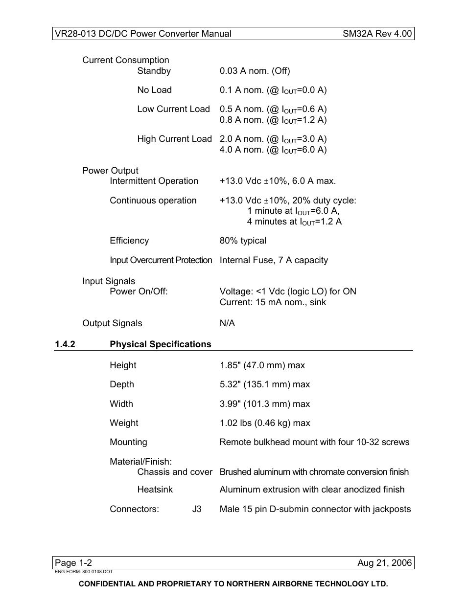 2 physical specifications | Northern Airborne Technology VR28-013 User Manual | Page 8 / 24