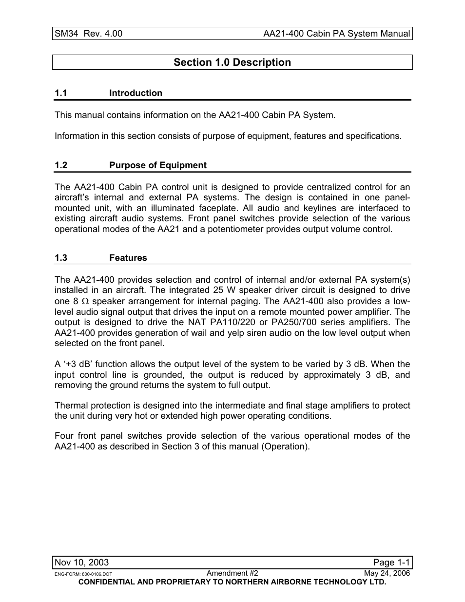 Description, 1 introduction, 2 purpose of equipment | 3 features | Northern Airborne Technology AA21-4xx User Manual | Page 13 / 41